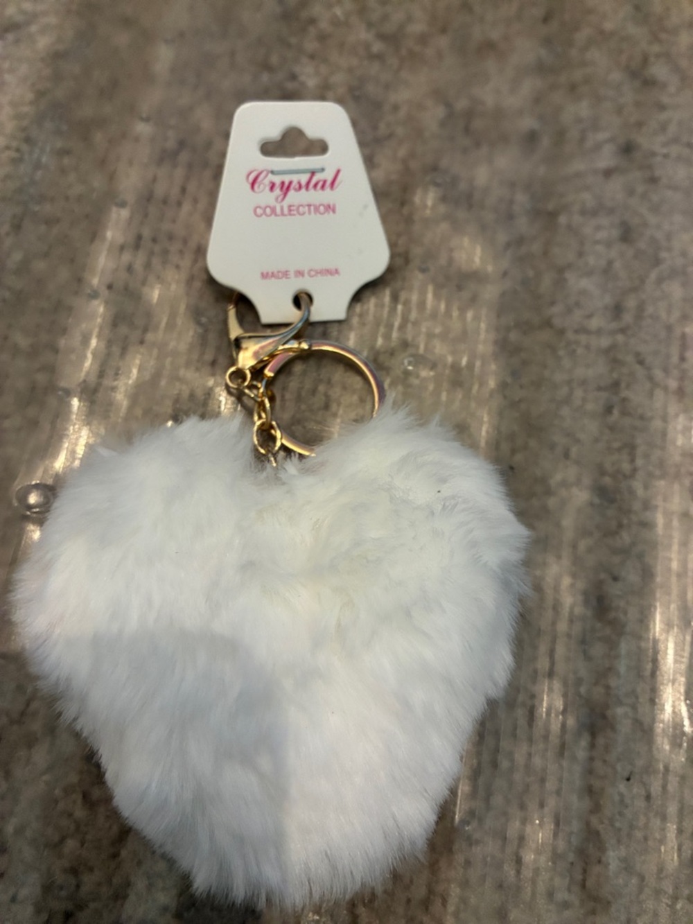 Crystal Collection White Faux Fur Heart Keychain